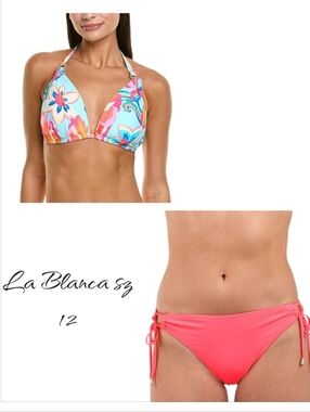 La Blanca Coral Tie-Side Bikini Bottoms with Multicolor Floral Halter Top 12 NWT